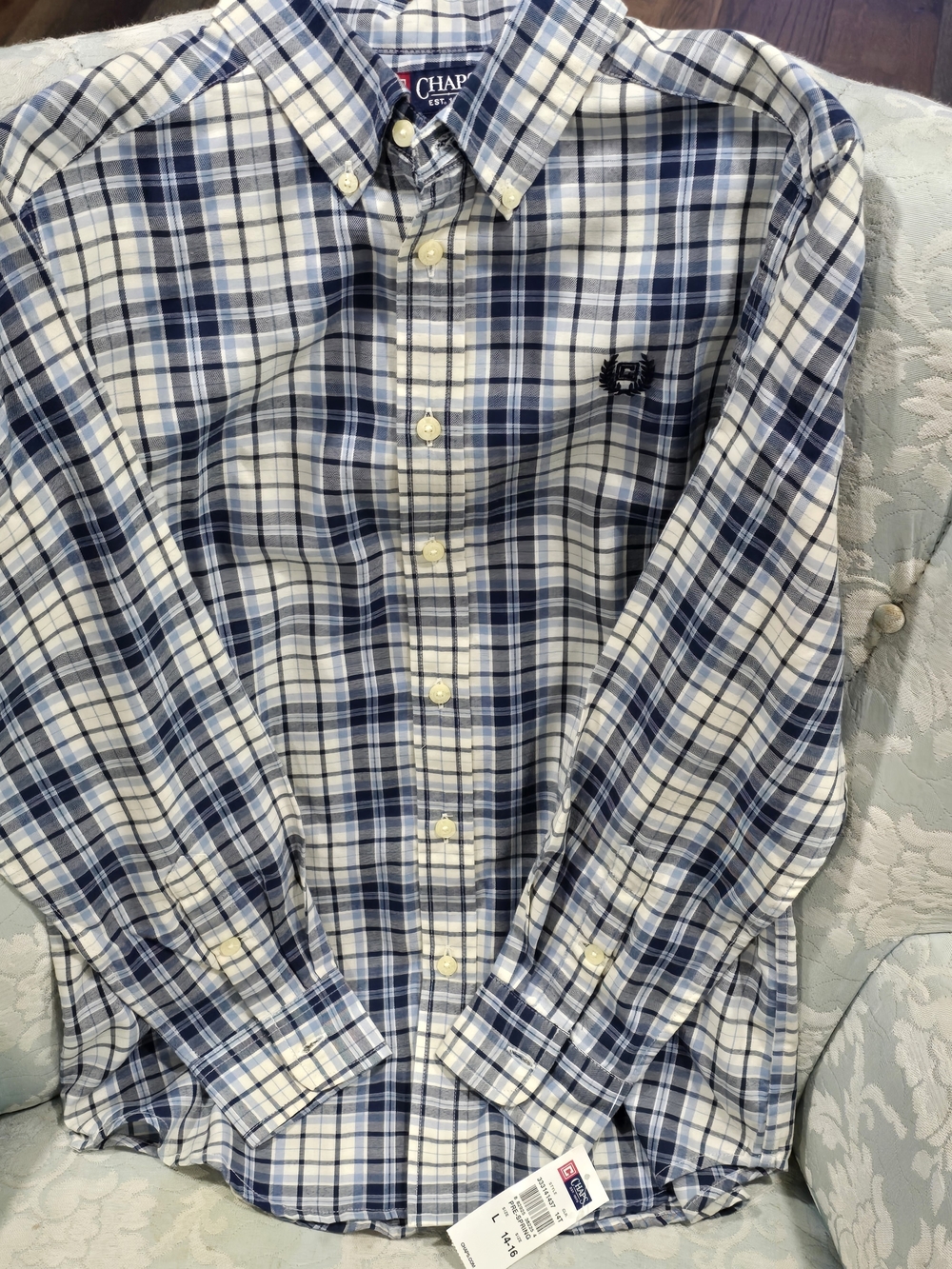 Chaps Ralph Lauren Kids Blue and White Plaid Button-Down Shirt Sz L 14-16 NWT